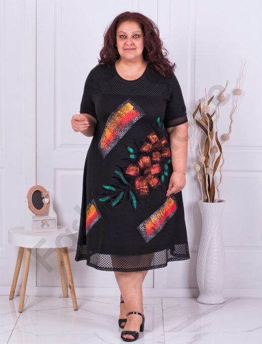 Plus size φόρεμα με φλοράλ απλικέ-μαύρο-κωδ 16311-1