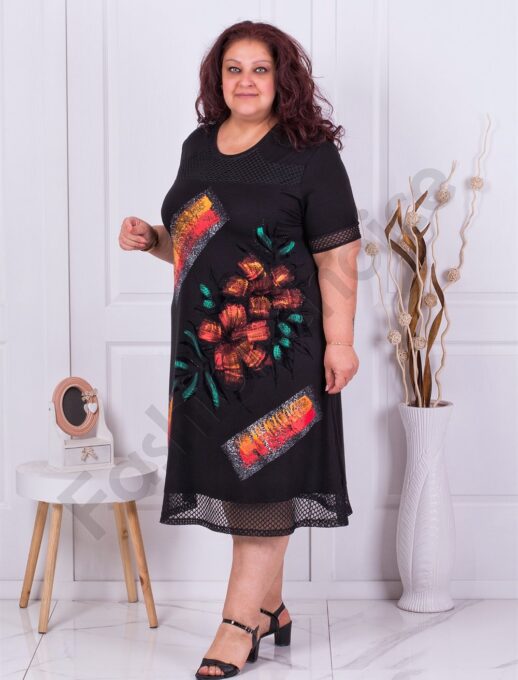Plus size φόρεμα με φλοράλ απλικέ-μαύρο-κωδ 16311-1