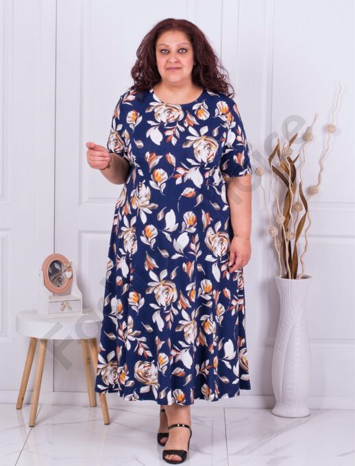 Plus size μπλε φόρεμα με μπεζ λουλούδια-κωδ 6085P-1