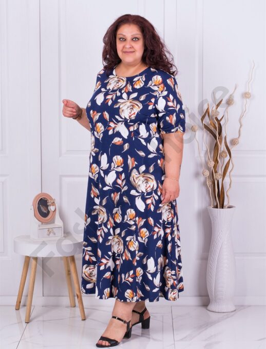 Plus size μπλε φόρεμα με μπεζ λουλούδια-κωδ 6085P-1
