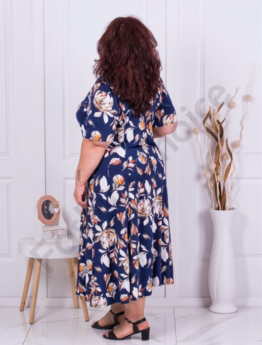 Plus size μπλε φόρεμα με μπεζ λουλούδια-κωδ 6085P-1