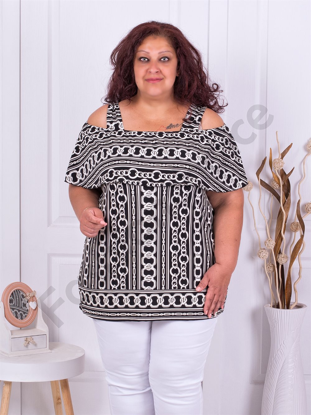 Plus size τουνίκ με άνοιγμα στους ώμους-ασπρόμαυρο-κωδ 1255-1