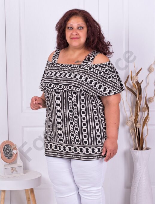 Plus size τουνίκ με άνοιγμα στους ώμους-ασπρόμαυρο-κωδ 1255-1