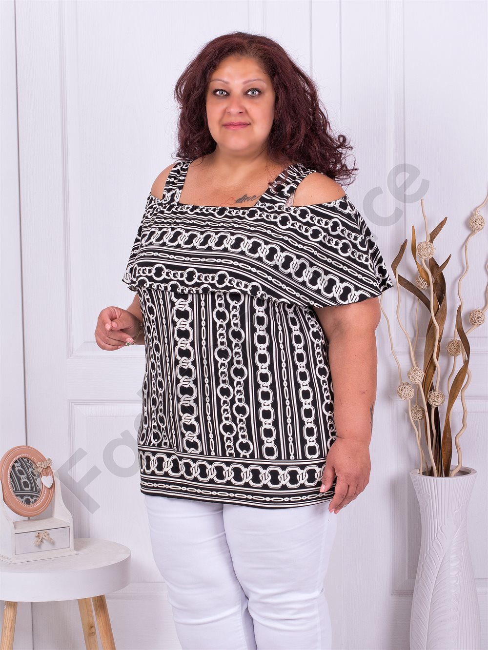Plus size τουνίκ με άνοιγμα στους ώμους-ασπρόμαυρο-κωδ 1255-1