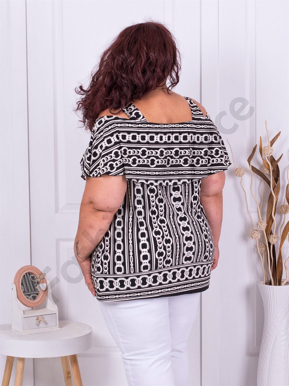 Plus size τουνίκ με άνοιγμα στους ώμους-ασπρόμαυρο-κωδ 1255-1
