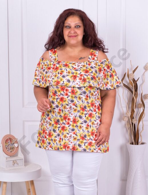 Plus size τουνίκ με άνοιγμα στους ώμους-κίτρινα λουλούδια-κωδ 1255-2