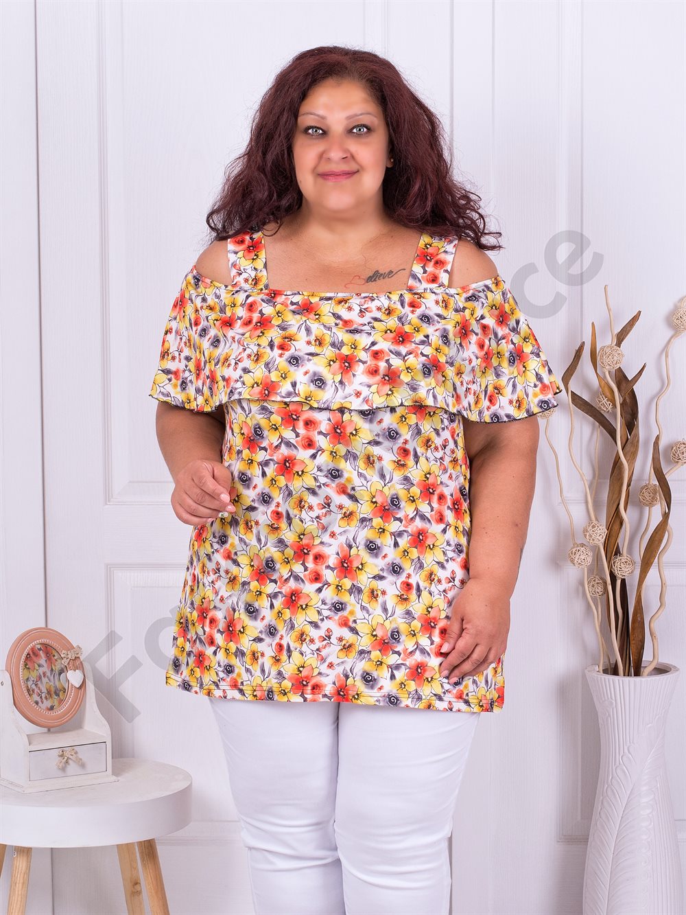 Plus size τουνίκ με άνοιγμα στους ώμους-κίτρινα λουλούδια-κωδ 1255-2