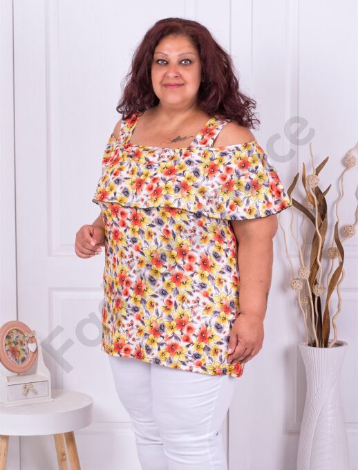 Plus size τουνίκ με άνοιγμα στους ώμους-κίτρινα λουλούδια-κωδ 1255-2