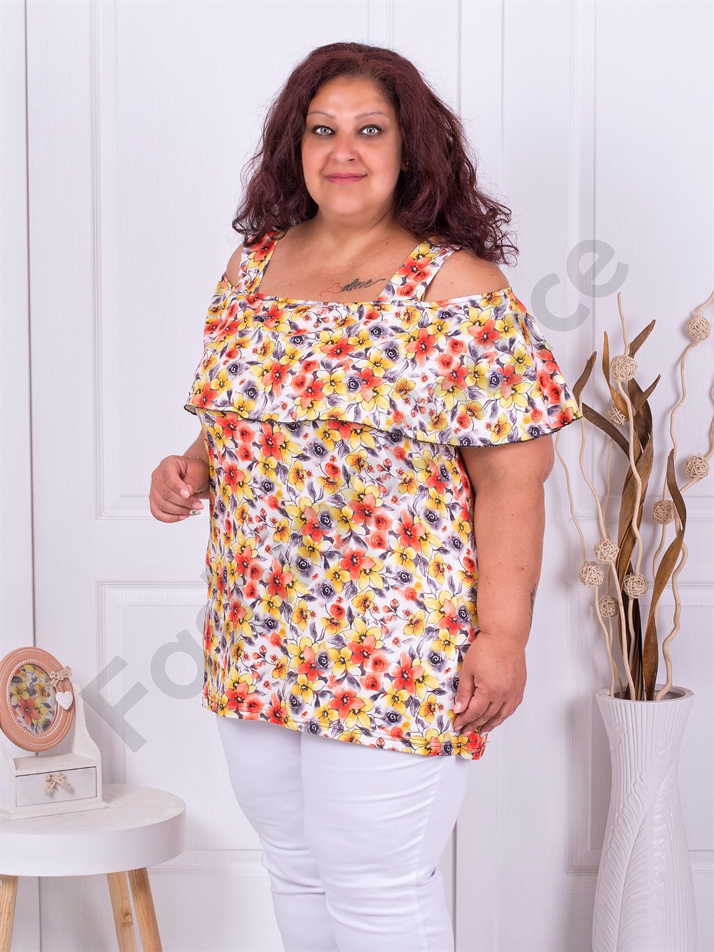 Plus size τουνίκ με άνοιγμα στους ώμους-κίτρινα λουλούδια-κωδ 1255-2
