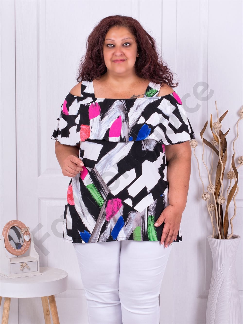 Plus size τουνικ με άνοιγμα στους ώμους-χρωματιστό σχέδιο-κωδ 1255-4