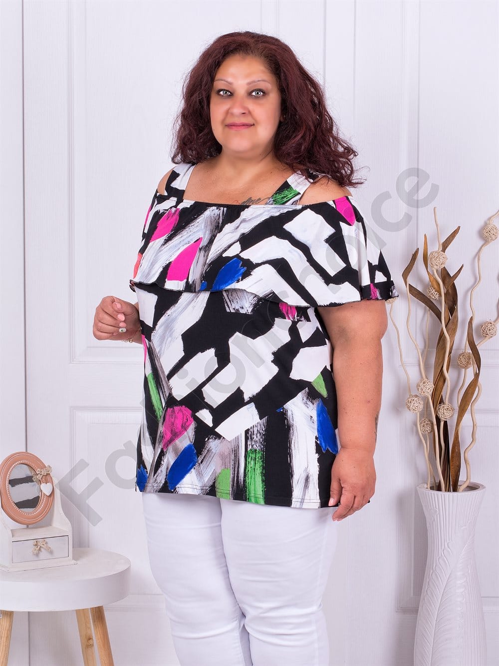Plus size τουνικ με άνοιγμα στους ώμους-χρωματιστό σχέδιο-κωδ 1255-4