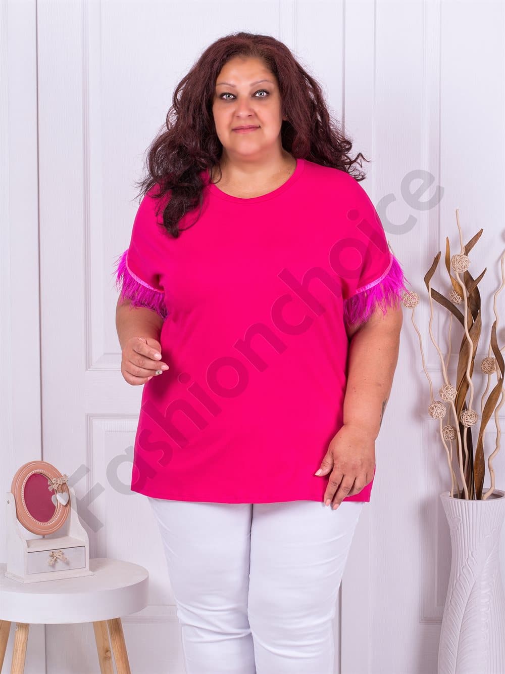 Plus size μπλούζα με φτερά στα μανίκια-φούξια-κωδ 2481