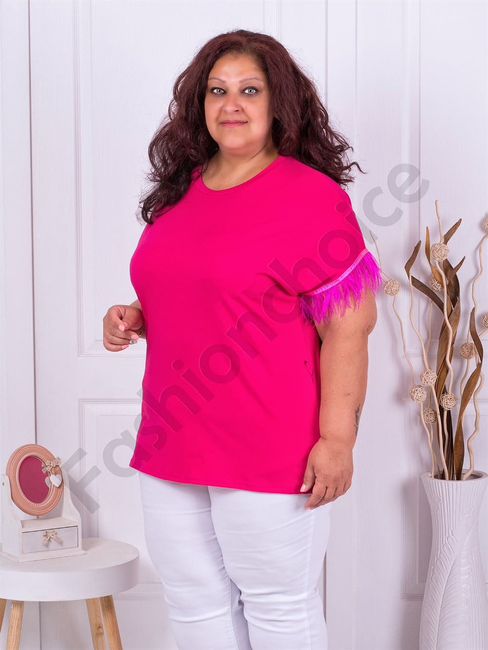 Plus size μπλούζα με φτερά στα μανίκια-φούξια-κωδ 2481