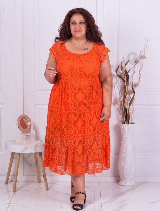 Plus size φόρεμα με ελαστική δαντέλα-πορτοκαλί-κωδ 746-7