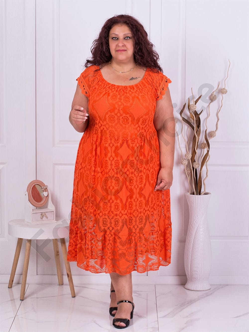 Plus size φόρεμα με ελαστική δαντέλα-πορτοκαλί-κωδ 746-7