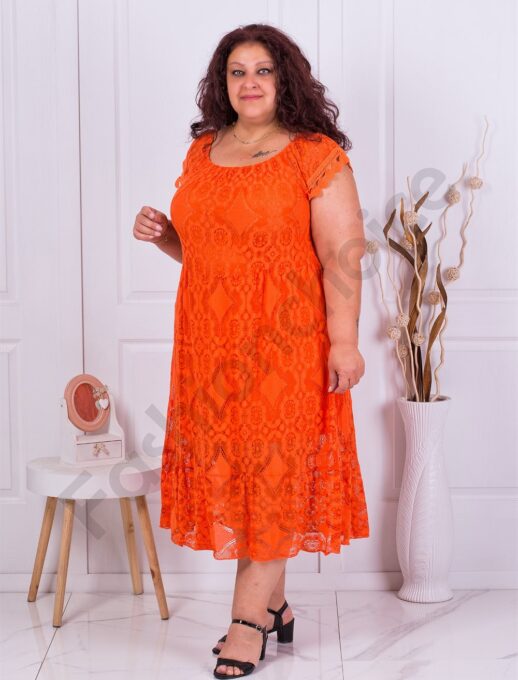 Plus size φόρεμα με ελαστική δαντέλα-πορτοκαλί-κωδ 746-7
