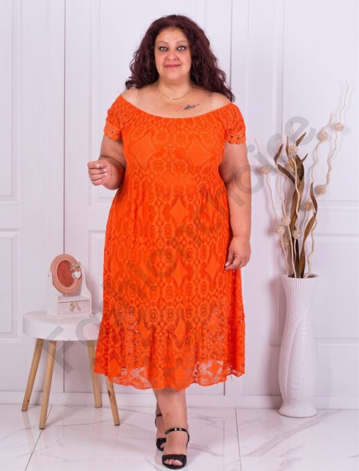 Plus size φόρεμα με ελαστική δαντέλα-πορτοκαλί-κωδ 746-7