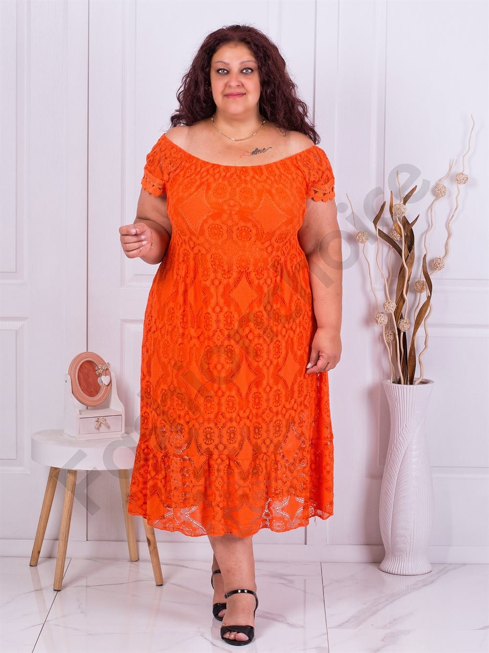 Plus size φόρεμα με ελαστική δαντέλα-πορτοκαλί-κωδ 746-7