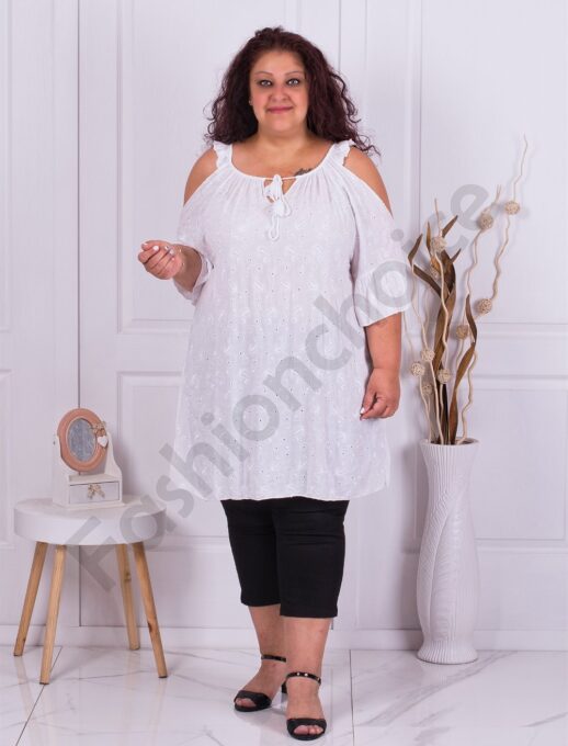 Plus size μακρύ τουνίκ με αγγλικό κέντημα-λευκό-κωδ 3199-5