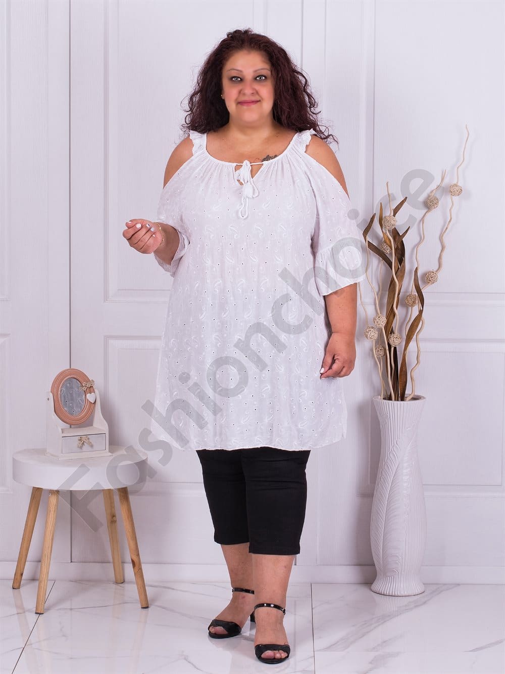 Plus size μακρύ τουνίκ με αγγλικό κέντημα-λευκό-κωδ 3199-5