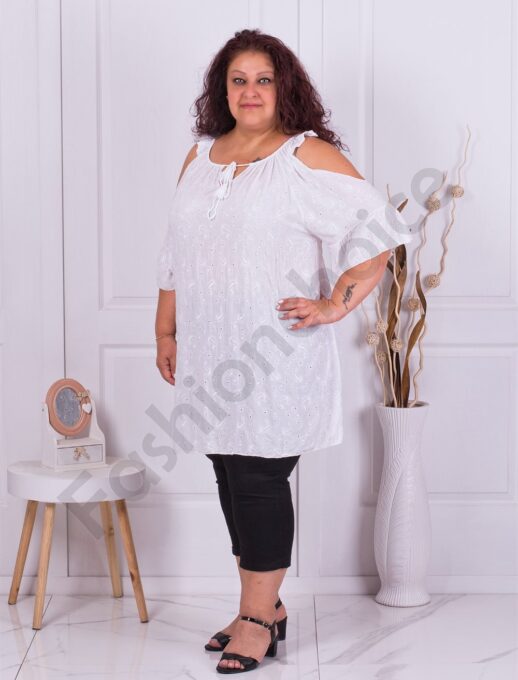 Plus size μακρύ τουνίκ με αγγλικό κέντημα-λευκό-κωδ 3199-5