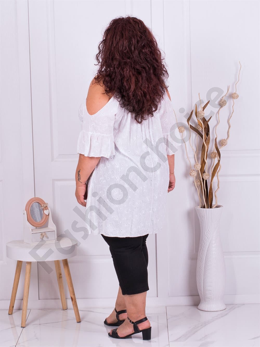 Plus size μακρύ τουνίκ με αγγλικό κέντημα-λευκό-κωδ 3199-5