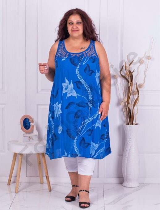 Plus size μακρύ τοπ λουλούδια με δαντέλα-μπλε ρουά-κωδ 872-6