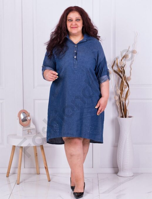 Plus size τζιν φόρεμα με κουμπιά και γιακά-κωδ 8675