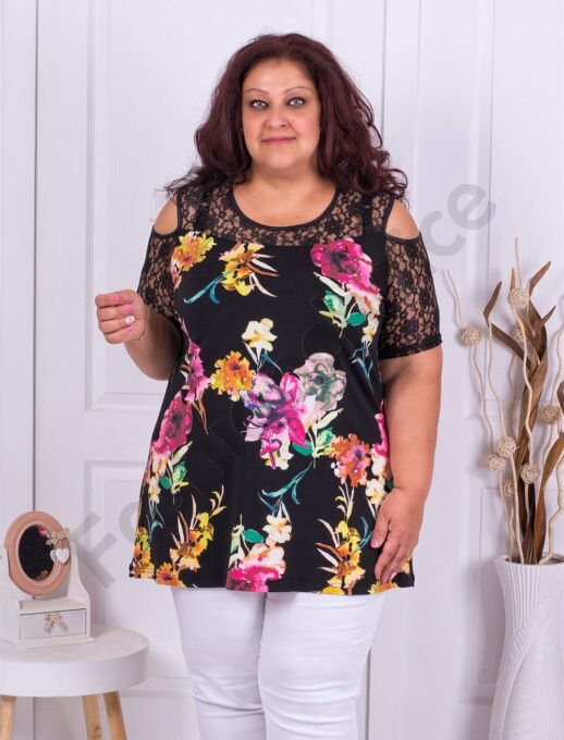 Plus size μπλούζα σε μαύρο με χρωματιστά λουλούδια-κωδ 911-2