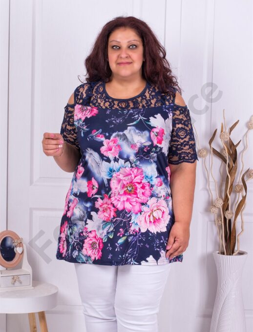 Plus size τουνίκ σε μπλε με χρωματιστά λουλούδια-κωδ 911-3