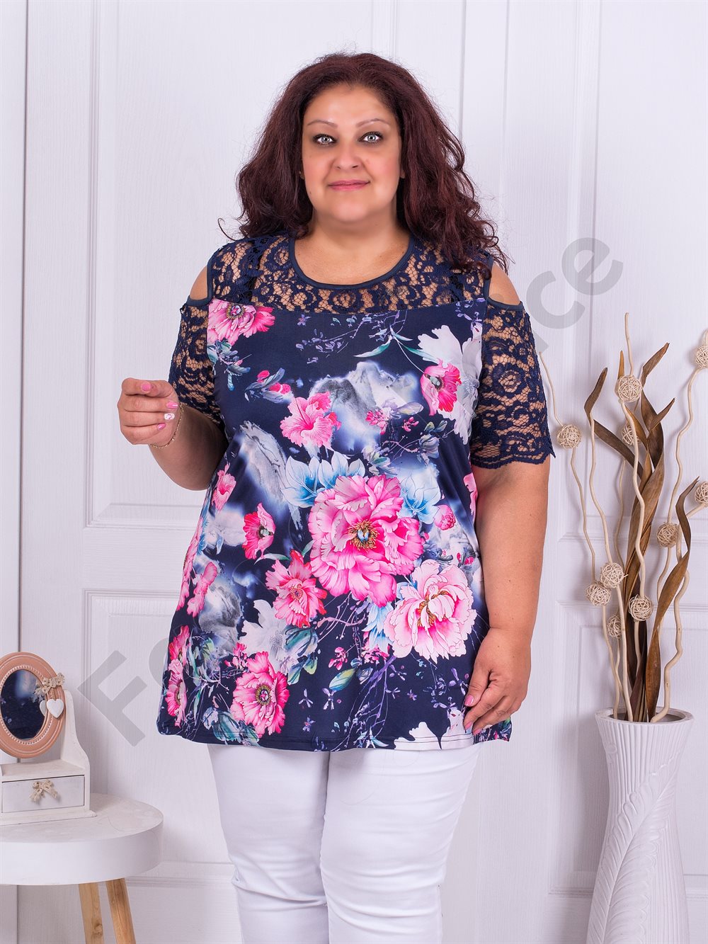 Plus size τουνίκ σε μπλε με χρωματιστά λουλούδια-κωδ 911-3