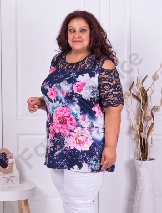 Plus size τουνίκ σε μπλε με χρωματιστά λουλούδια-κωδ 911-3