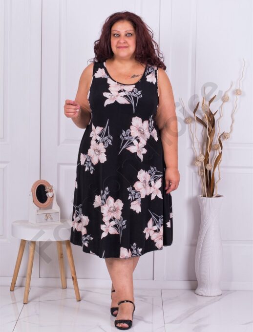 Plus size μαύρο φόρεμα με ανοιχτό ροζ λουλούδια-κωδ 6330-1