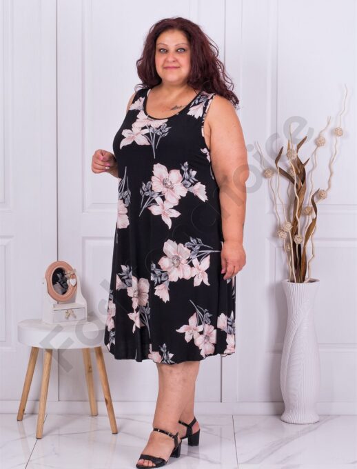 Plus size μαύρο φόρεμα με ανοιχτό ροζ λουλούδια-κωδ 6330-1