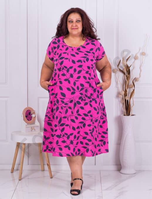 Plus size λινό φόρεμα με τσέπες-φουξία-κωδ 6568-1