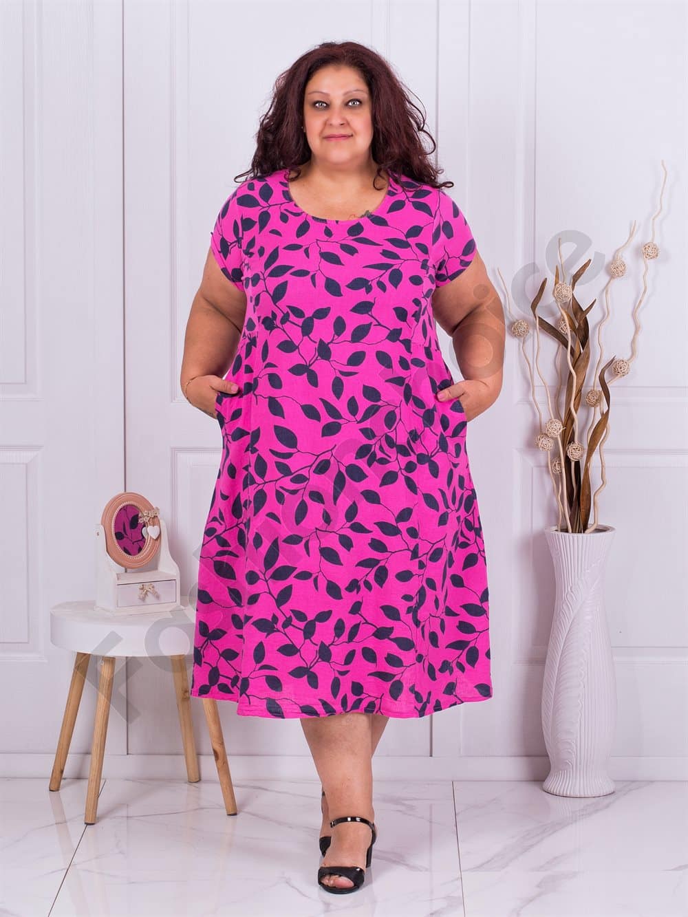 Plus size λινό φόρεμα με τσέπες-φουξία-κωδ 6568-1
