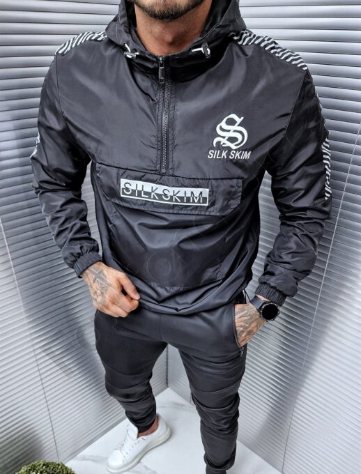 Ανδρικό αντιανεμικό Hoodie μπουφάν με επιγραφή-μαύρο/λευκό-κωδ 2865