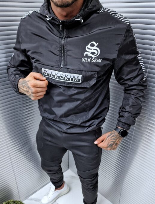 Ανδρικό αντιανεμικό Hoodie μπουφάν με επιγραφή-μαύρο/λευκό-κωδ 2865
