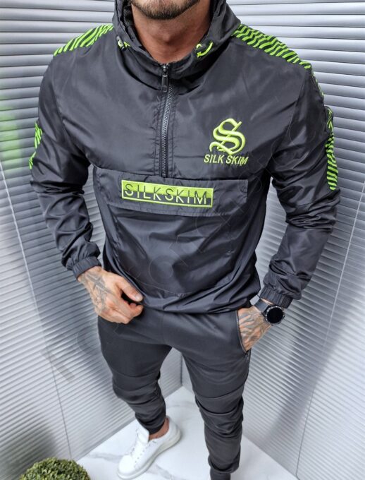 Ανδρικό αντιανεμικό Hoodie μπουφάν με επιγραφή-μαύρο/πράσινο-κωδ 2865-2