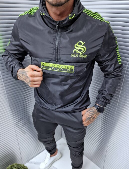 Ανδρικό αντιανεμικό Hoodie μπουφάν με επιγραφή-μαύρο/πράσινο-κωδ 2865-2
