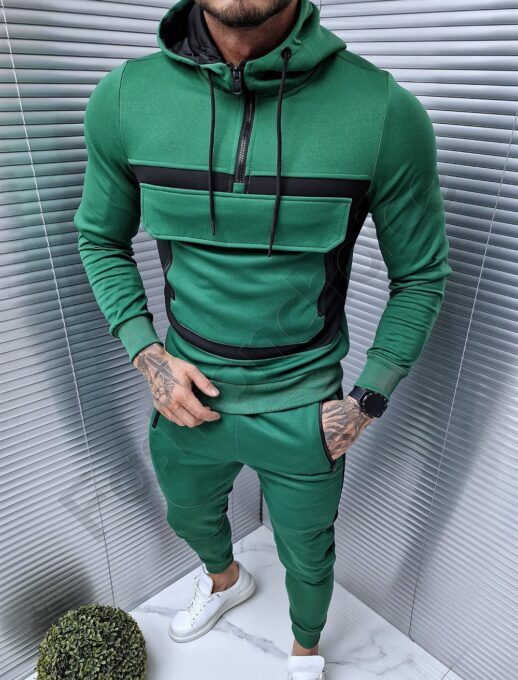 Ανδρικό αθλητικό σετ με Hoodie και τσέπη μπροστά-πράσινο-κωδ 073-1