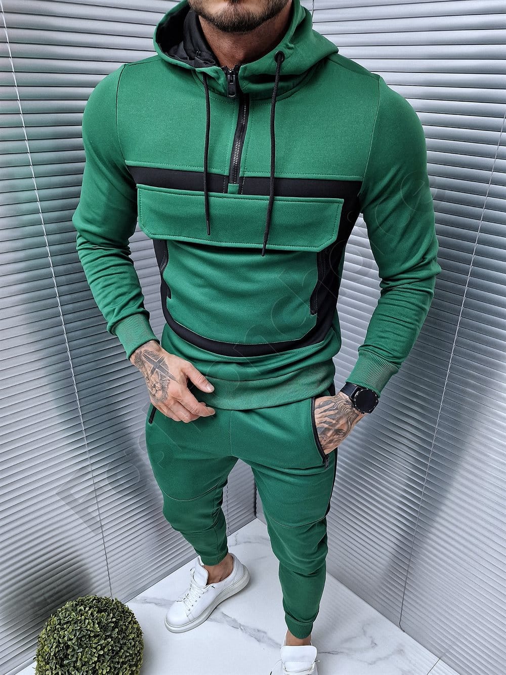 Ανδρικό αθλητικό σετ με Hoodie και τσέπη μπροστά-πράσινο-κωδ 073-1