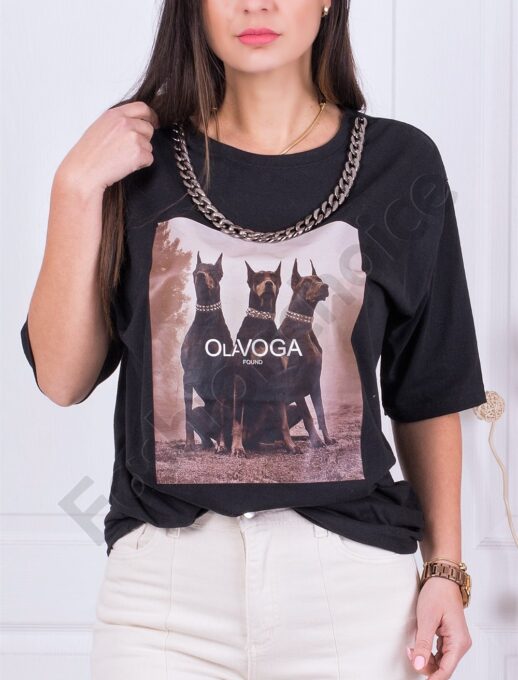 ΓυναικείοT-shirt με τύπωμα και αλυσίδα-μαύρο-κωδ 1131