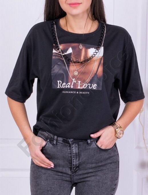 Γυναικείο Oversize T-shirt με τύπωμα και αλυσίδα-μαύρο-κωδ 1131-2