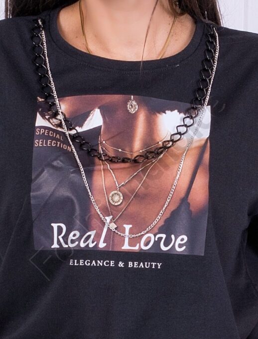 Γυναικείο Oversize T-shirt με τύπωμα και αλυσίδα-μαύρο-κωδ 1131-2