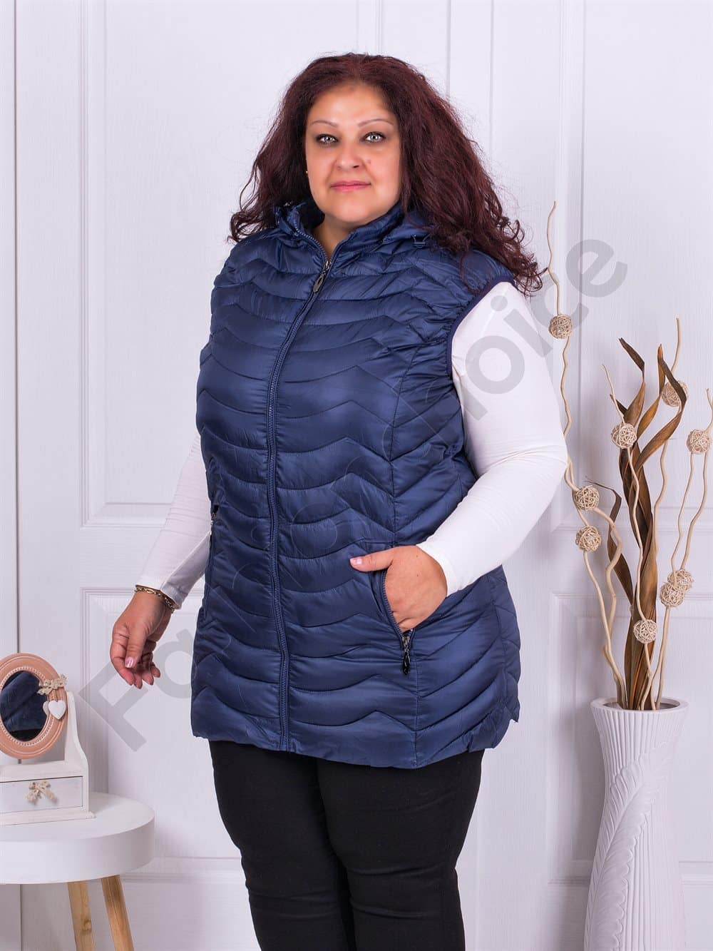 Plus size αμάνικο μπουφάν με κουκούλα σε μπλε-κωδ 2206-1
