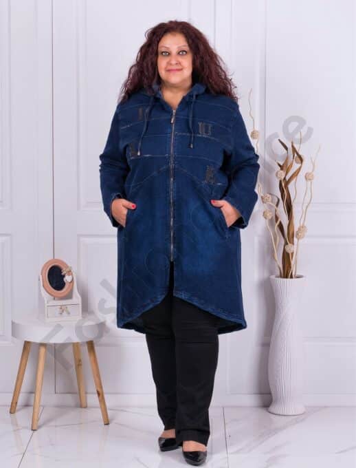 Plus size τζιν καπαρντίνα με επιμήκη πλάτη-μπλε-κωδ 8178-1