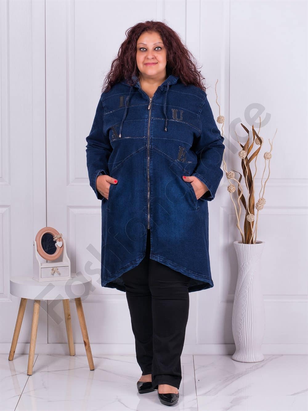 Plus size τζιν καπαρντίνα με επιμήκη πλάτη-μπλε-κωδ 8178-1