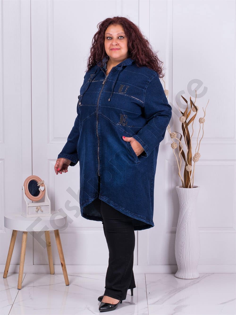 Plus size τζιν καπαρντίνα με επιμήκη πλάτη-μπλε-κωδ 8178-1