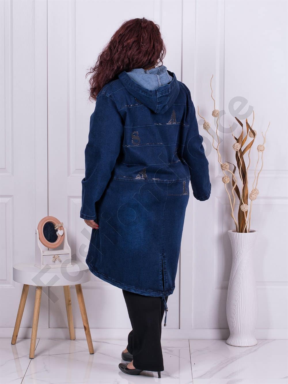 Plus size τζιν καπαρντίνα με επιμήκη πλάτη-μπλε-κωδ 8178-1